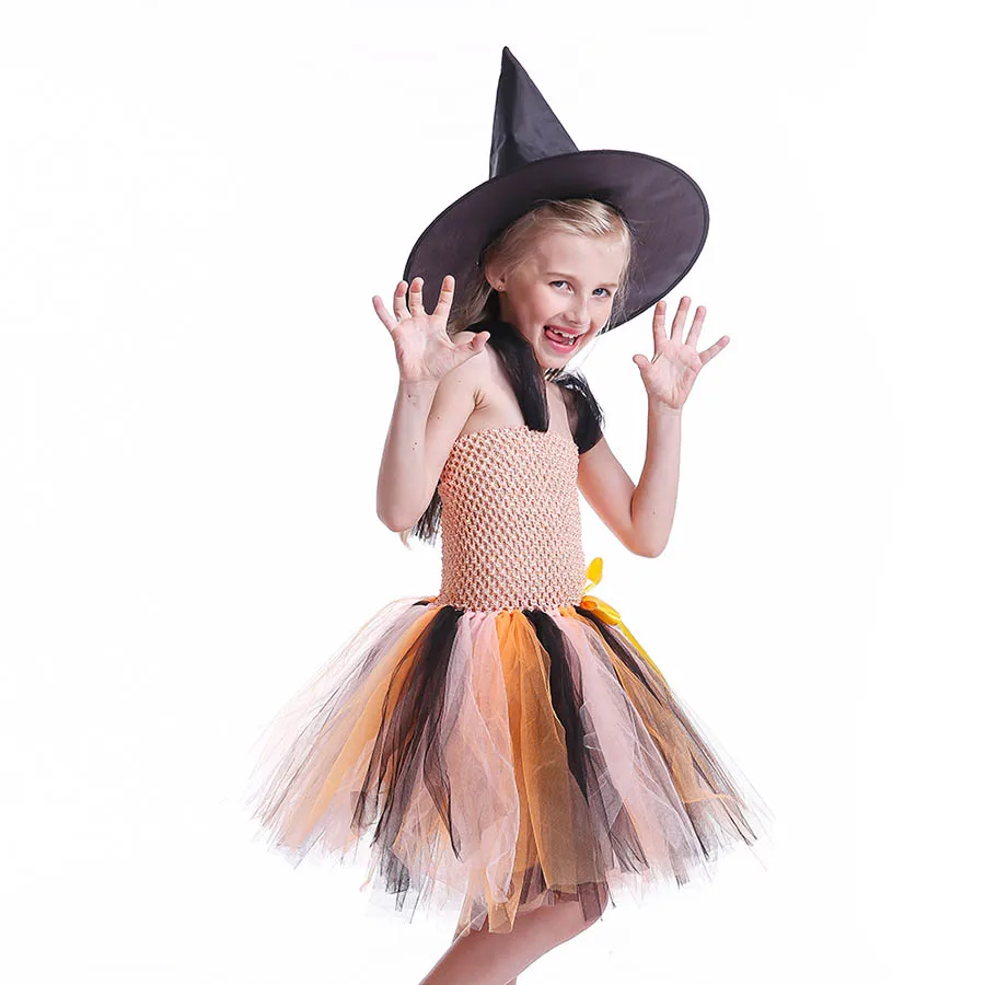 Платье-пачка злой ведьмы на Хэллоуин с шапкой для маленьких девочек оранжевая и
