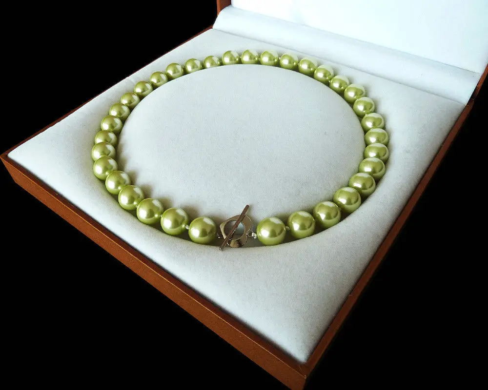 Hot sell -&gt@@ Rare Huge 12mm Genuine South Sea Apple Green Shell Pearl Necklace Heart Clasp 18'' -Top quality free shipping |