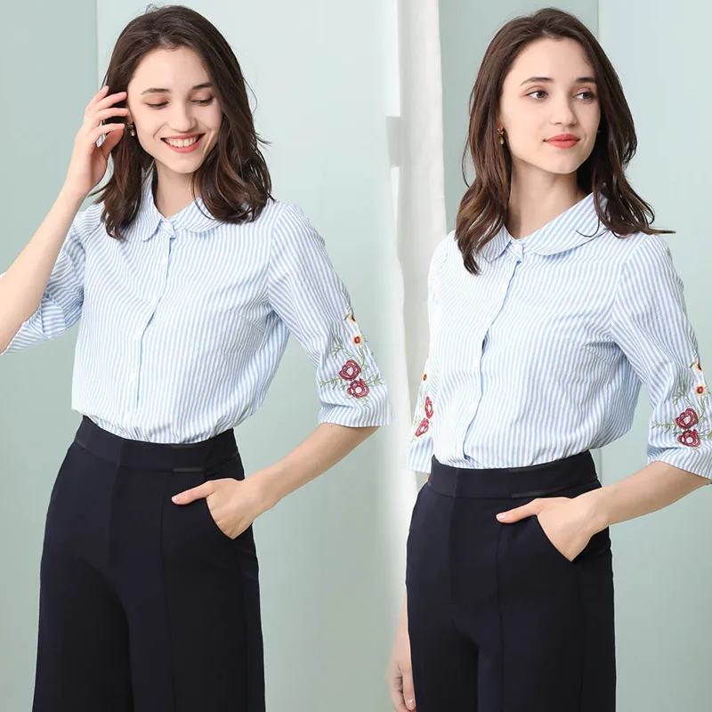 Embroidery Tops Women Fashion Peter Pan Collar Blouses Shirts Elegant Lady Office Cute Sweet Button Blue Striped Shirt 5XL 4XL |