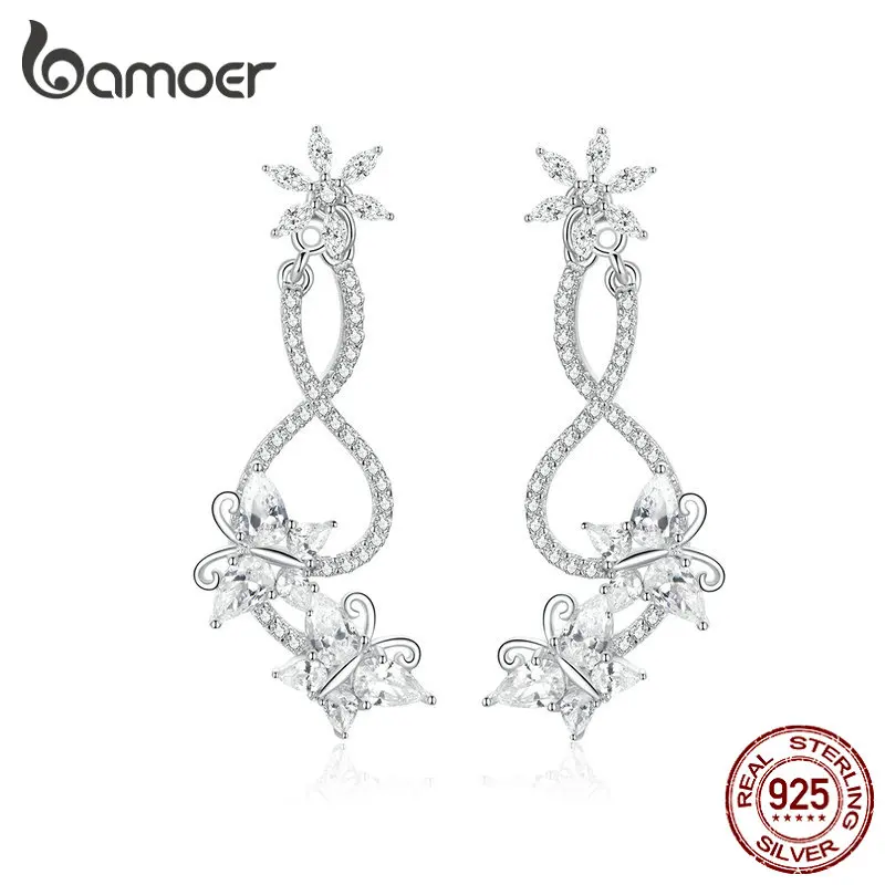 Bamoer, серьги-капли с бабочкой для помолвки, для женщин, свадебные украшения, ослепительно прозрачные, CZ, Стерлинговое Серебро, Роскошные, Bijoux BSE125