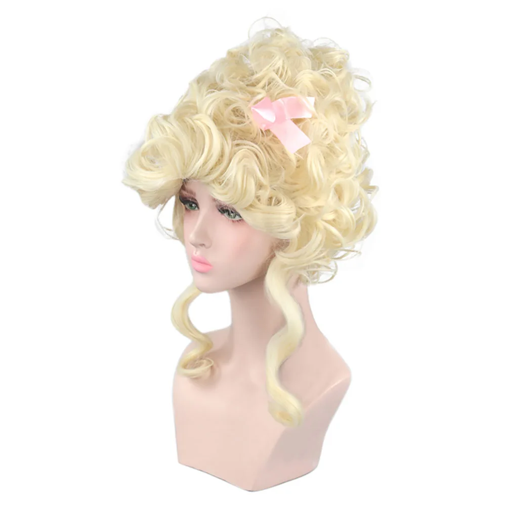 Роскошный блонд Marie Antoinette парик с розовые ленты, кудрявые волосы для взрослых женщин 18 век театральный парик