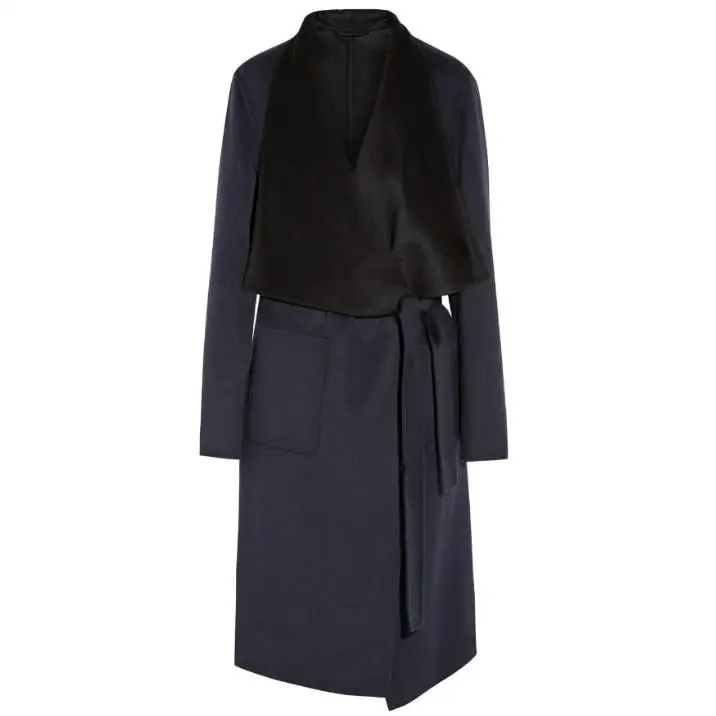 

Autumn winter fashion cashmere woolen coat women big laple medium long wool blends belted woolen coat