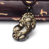 natural stone gold obsidian chinese carved pixiu amulet pendant necklace men woman fashion jewelry pendant with beaded chain