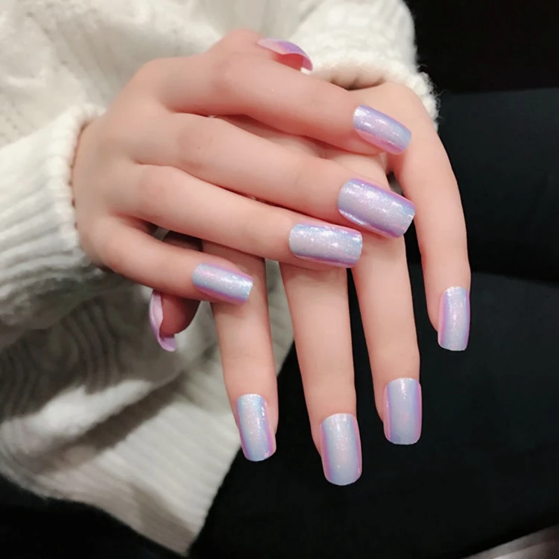 Holo Chameleon Pink False Nails Tips Reflective Metallic Mirror Abalone Square Fake Nail Full Cover Fuax Ongles | Красота и здоровье