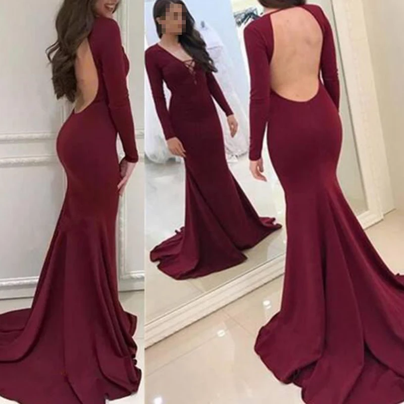 

Новый бордовые платья для выпускного вечера 2021 с круглым вырезом одежда с длинным рукавом развертки поезд сексуальное элегантное платье Ру...