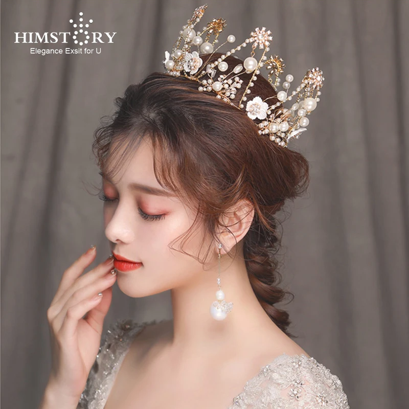 

HIMSTORY Handmade Gold Baroque Princess Round Crown Tiara Bridal Hair Jewelry Wedding Hair Accessories Headbands