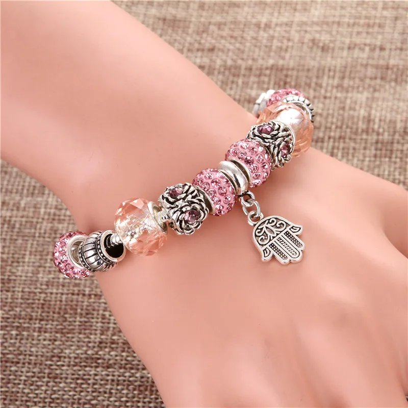 Европейский стиль Винтажный Розовый кристалл кулон Пальма посеребренный