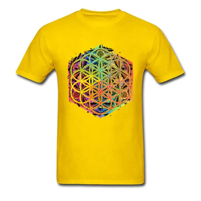 Новое поступление, Мужская черная футболка с надписью «Sacred Geometry Flower of Life», «Мандала», Уникальные футболки с короткими рукавами - Цвет: Цвет: желтый