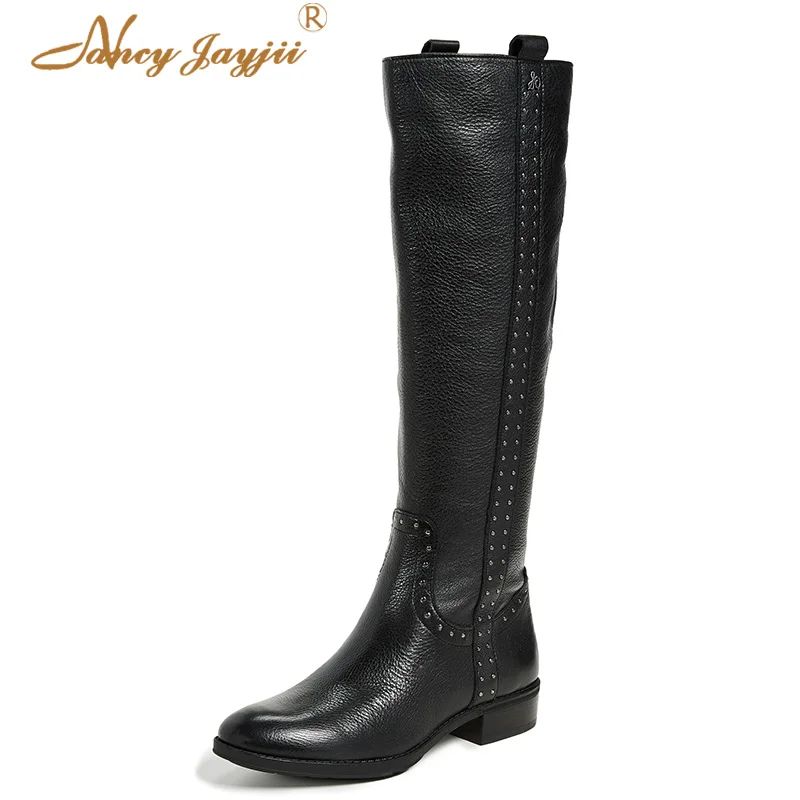 

Black Winter Knee High Boots Ladies Square Heel Round Toe Short Plush Rivets Metal Decoration Shoes Woman Work Concise