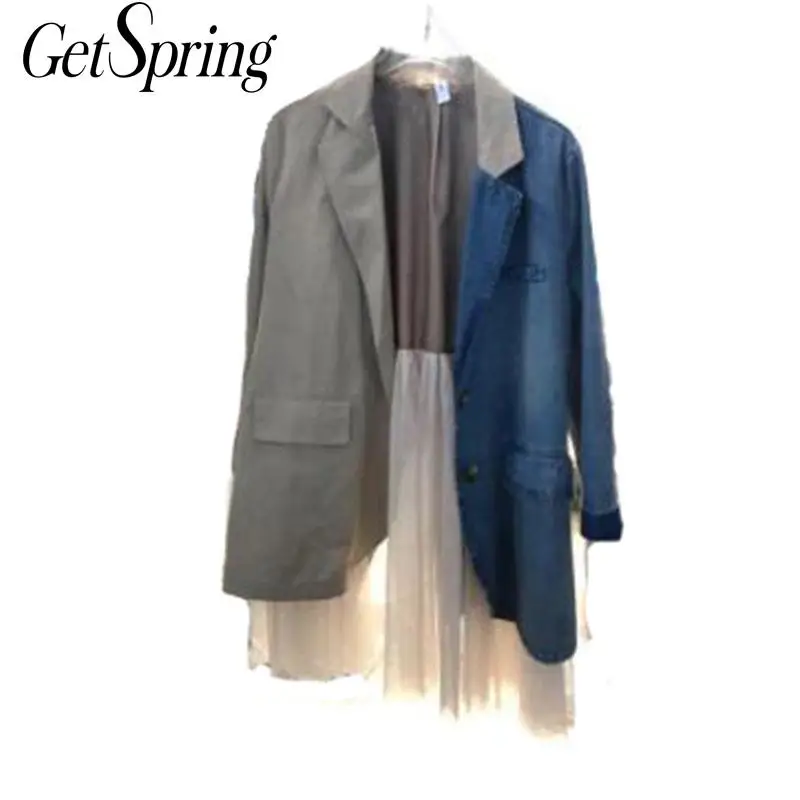 

GETSRING Women Blazer Mesh Spliced Fake Two Ladies Blazer Jacket Long Sleeve Irregular Long Blazer Jacket Loose Womens Jackets