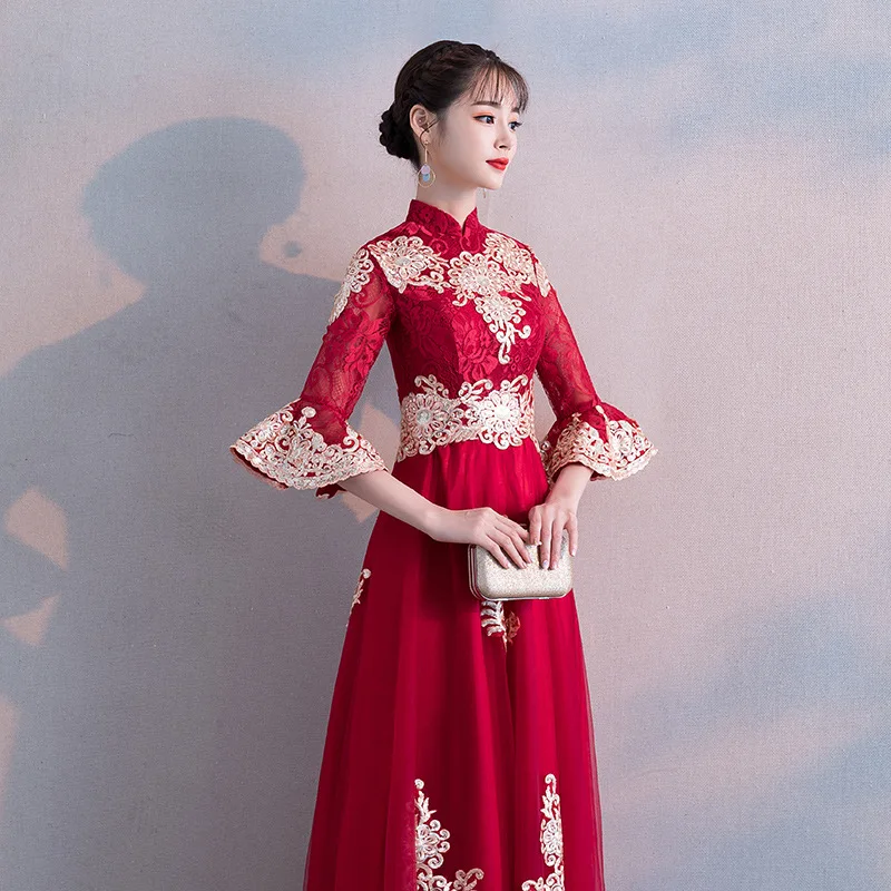 Red Chinese Oriental Embroidery Mandarin Collar Wedding Women Sexy Cheongsam Evening Dress Elegant Princess Dresses Modern Qipao |