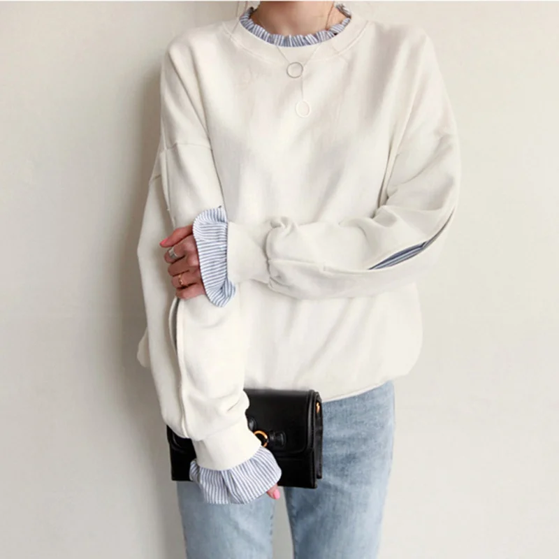 Fake 2-pieces Sweatshirt for Women Stylish Split Long Sleeve Striped Inside Autumn Winter Girls Sweet Loose Tops M-XXL | Женская одежда