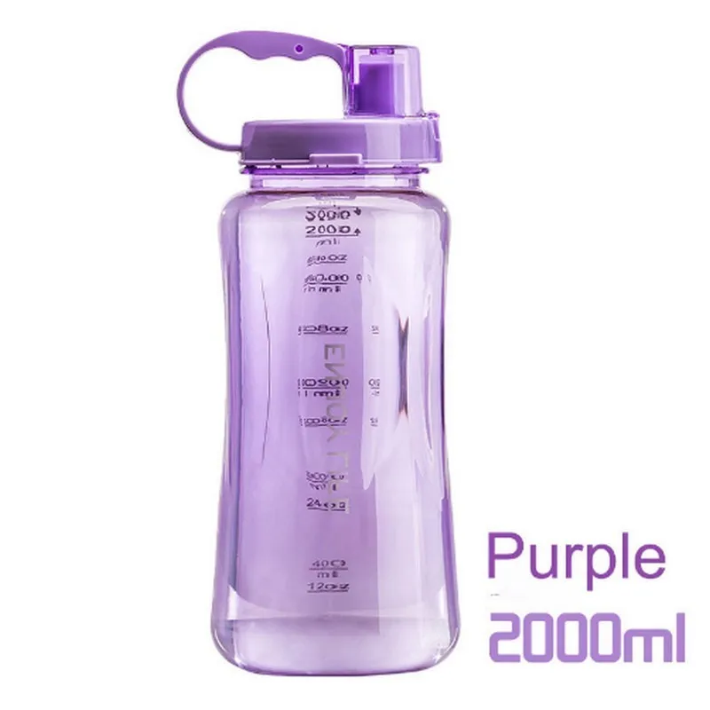Purple Большая емкость, 4 ярких цвета, 1л/2л, большое пространство, пластик, 2000 мл, большая емкость, Спортивная соломенная бутылка для воды с ремешком, без бисфенола - Цвет: Purple