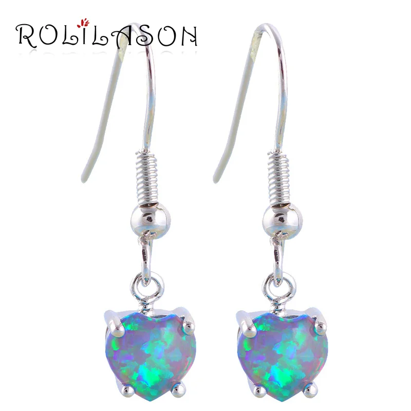 

ROLILASON 2017 Brincos for women Heart earrings Excellent Fashion Jewelry Blue fire Opal Silver Stamped Drop Earrings OE391
