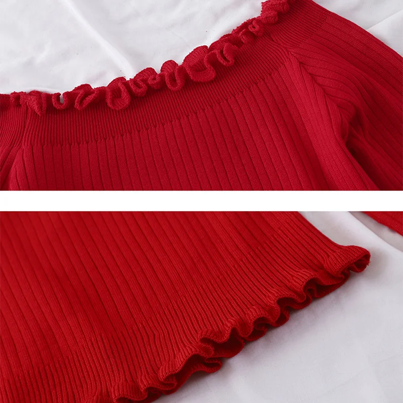 HELIAR Red Solid Shoulder Off Casual Jumper Spring Autumn Office Long Sleeve Womne Sweater Elastic Sexy Pullover Tops | Женская одежда
