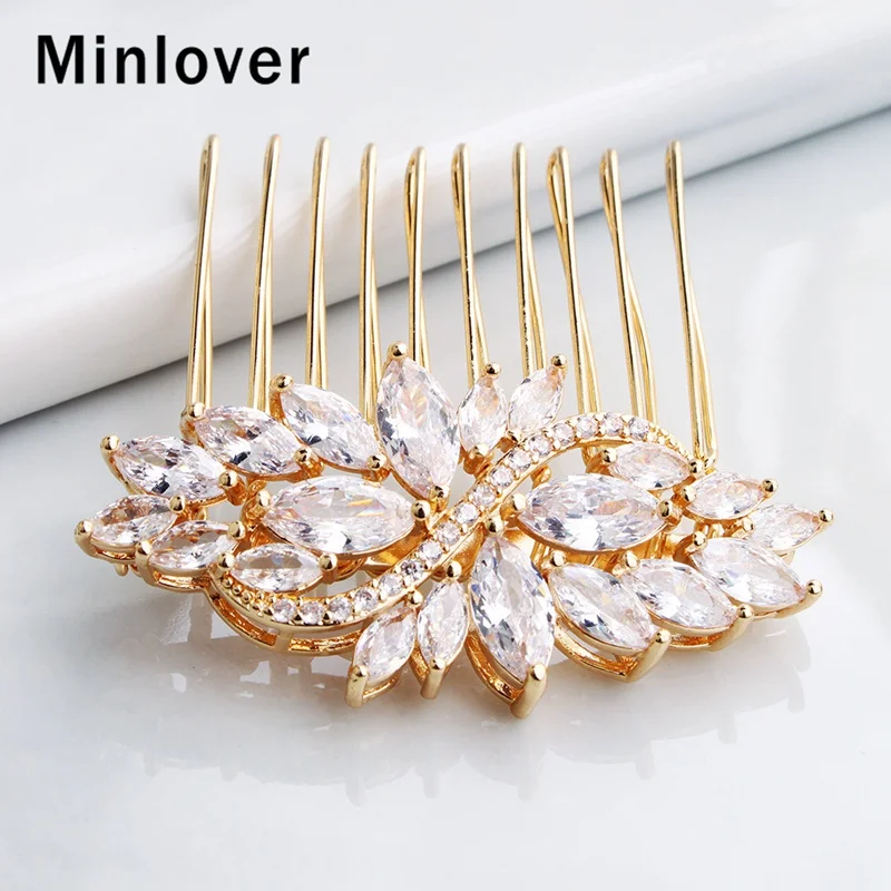 Minlover роскошные золотые цвета кубического циркония цветок волос расчески/шпильки