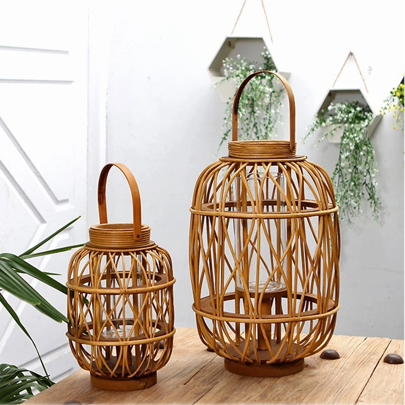 

Chinese-style Retro Wooden Wicker Candleholder Courtyard Windlamp Tealight Candle Holders Wedding