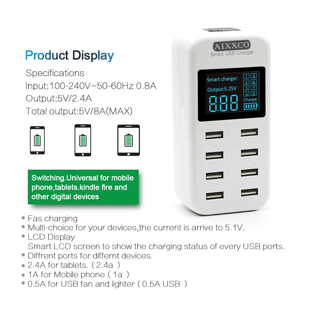 AIXXCO Смарт 8A USB зарядное устройство с ЖК дисплеем 8 usb портами питания для iphone samsung