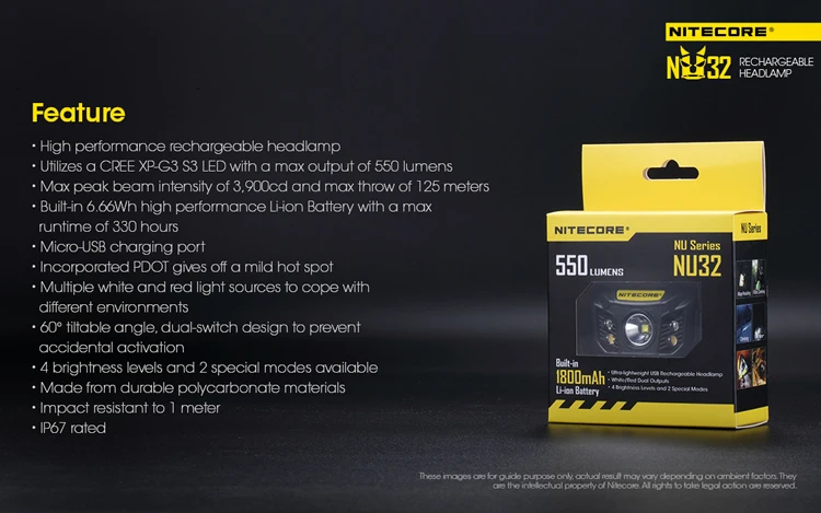 NITECORE NU32 550LMs CREE XP-G3 S3 светодиодный налобный фонарь со встроенной аккумуляторной батареей, снаряжение для наружного кемпинга, поиска, 3 цвета