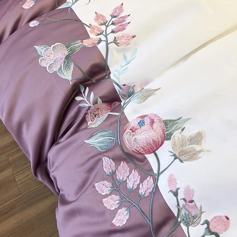 Роскошный комплект постельного белья из шелка и хлопка с цветочной вышивкой