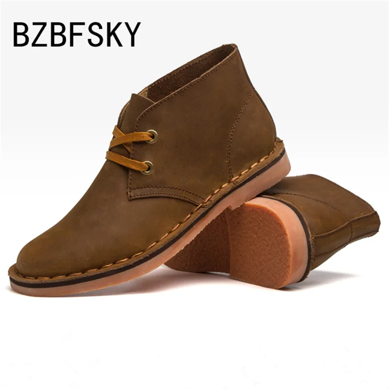 Blue BZBFSKY New Hot Classic Leather Tooling Boots Crazy Horse Men Fashion Desert Boot Popular High Top Shoes Autumn Winter Flats - Color: Blue