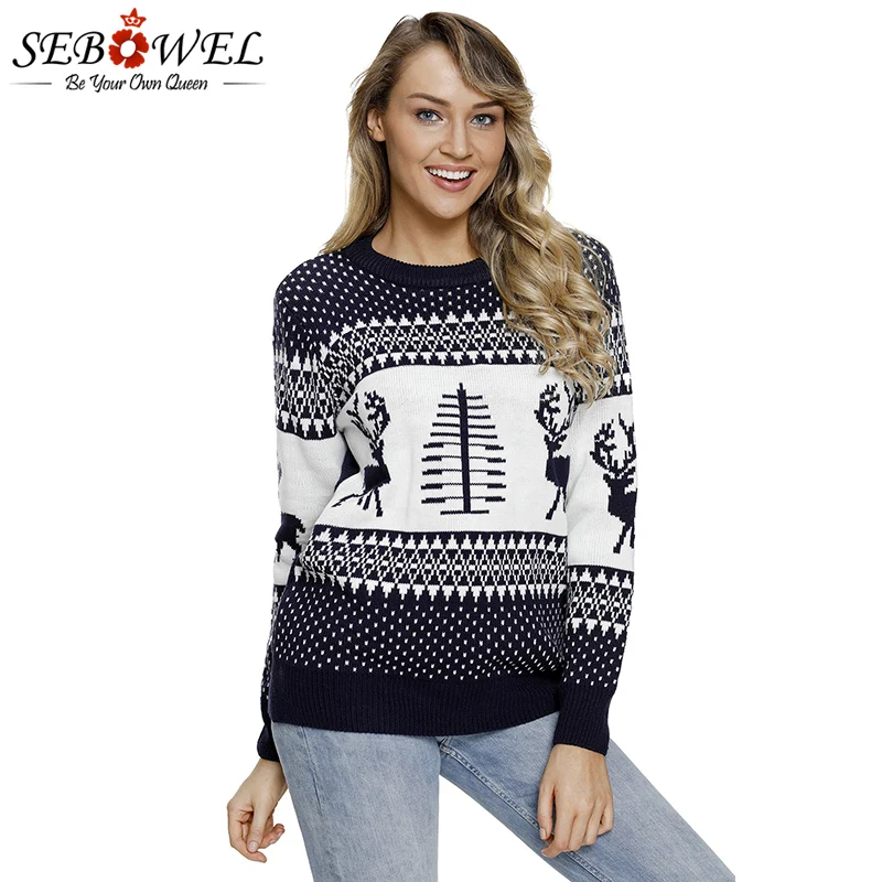 SEBOWEL зима Для женщин пуловер свитер вязать снежный день оленем Grey Рождественский
