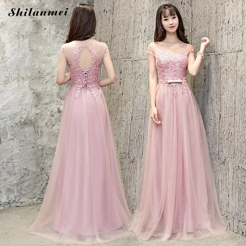 Женское Сетчатое платье с круглым вырезом розовое Элегантное Длинное Вечернее