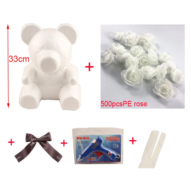 white package bag Подарок на день Святого Валентина, сделай сам, форма для Мишки из пенопласта, 600 шт., ПЭ, искусственные розы, головки цветов, роза, медведь, собака, форма, аксессуары, сумка, набор инструментов - Цвет: white package bag