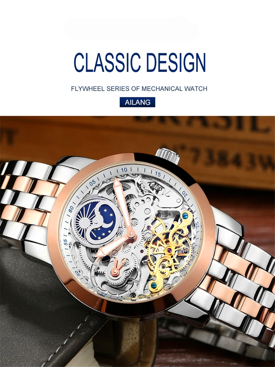 Скелет для мужчин механические часы Автоматические полые Tourbillon часы модные мужские водостойкие 50 м Спорт Луна часы с фазами Relogio