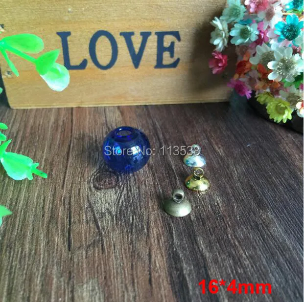 

New Free shipping 200sets per lot 16mm blue glass globe orbs with 4mm hole and 8mm cap jewelry findings set Glass bottle vial