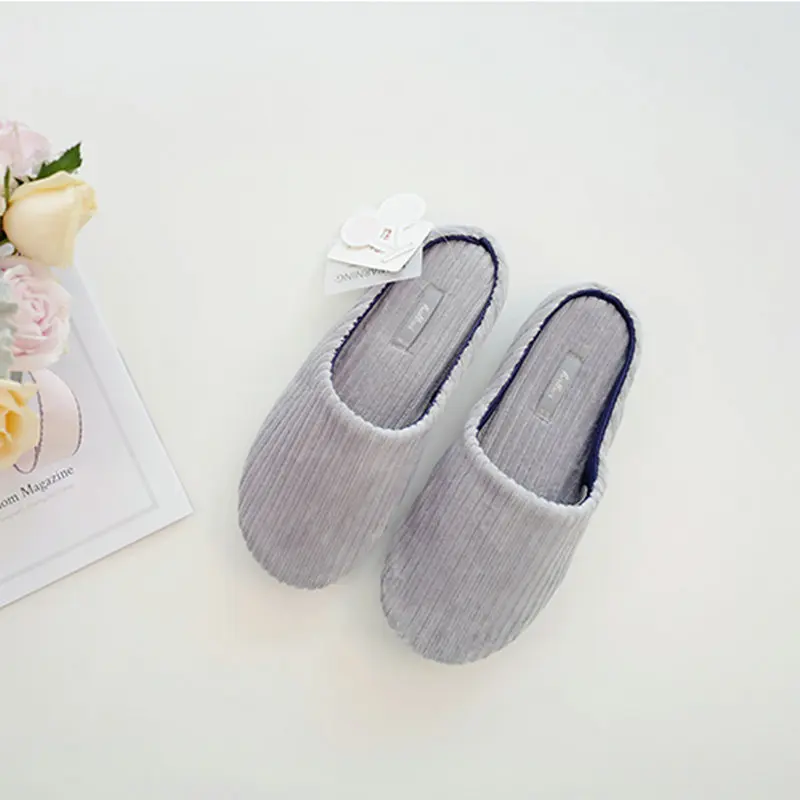 Simple vertical stripe comfortable winter indoor floor bedroom women slippers female rubber bottom household adult girl shoes | Обувь