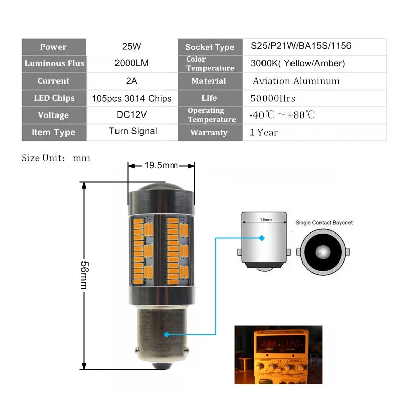 2шт P21w led 1156 BA15S лампа CANBUS без ошибок предупреждение вспышки 105SMD 3014 чипы 12В