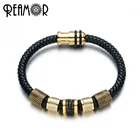 Мужской браслет из натуральной кожи REAMOR, черный браслет из нержавеющей стали с магнитной застежкой и золотыми бусинами, винтажный мужской браслет