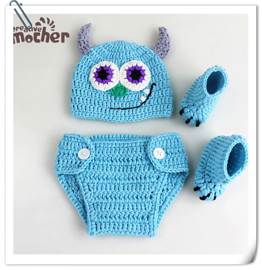 

Newborn Photography Props Baby Clothes Photography Monsters Shape Knitted Hat+Pants+Shoes Set Baby Photo Props Shoot Accessories