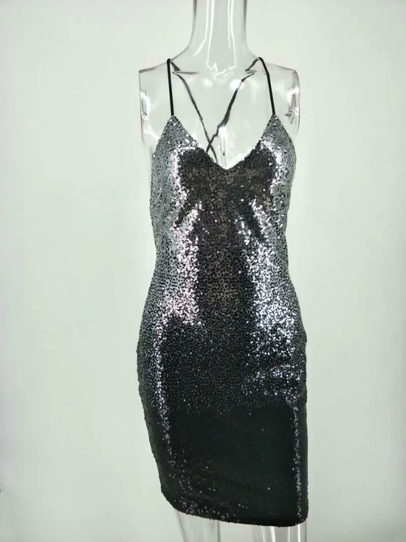 Hot Sale Spaghetti Strap Mini Dress Sequin Bandage Women Nightclub Shiny Backless Bodycon V Neck Vestidos S-XL | Женская одежда