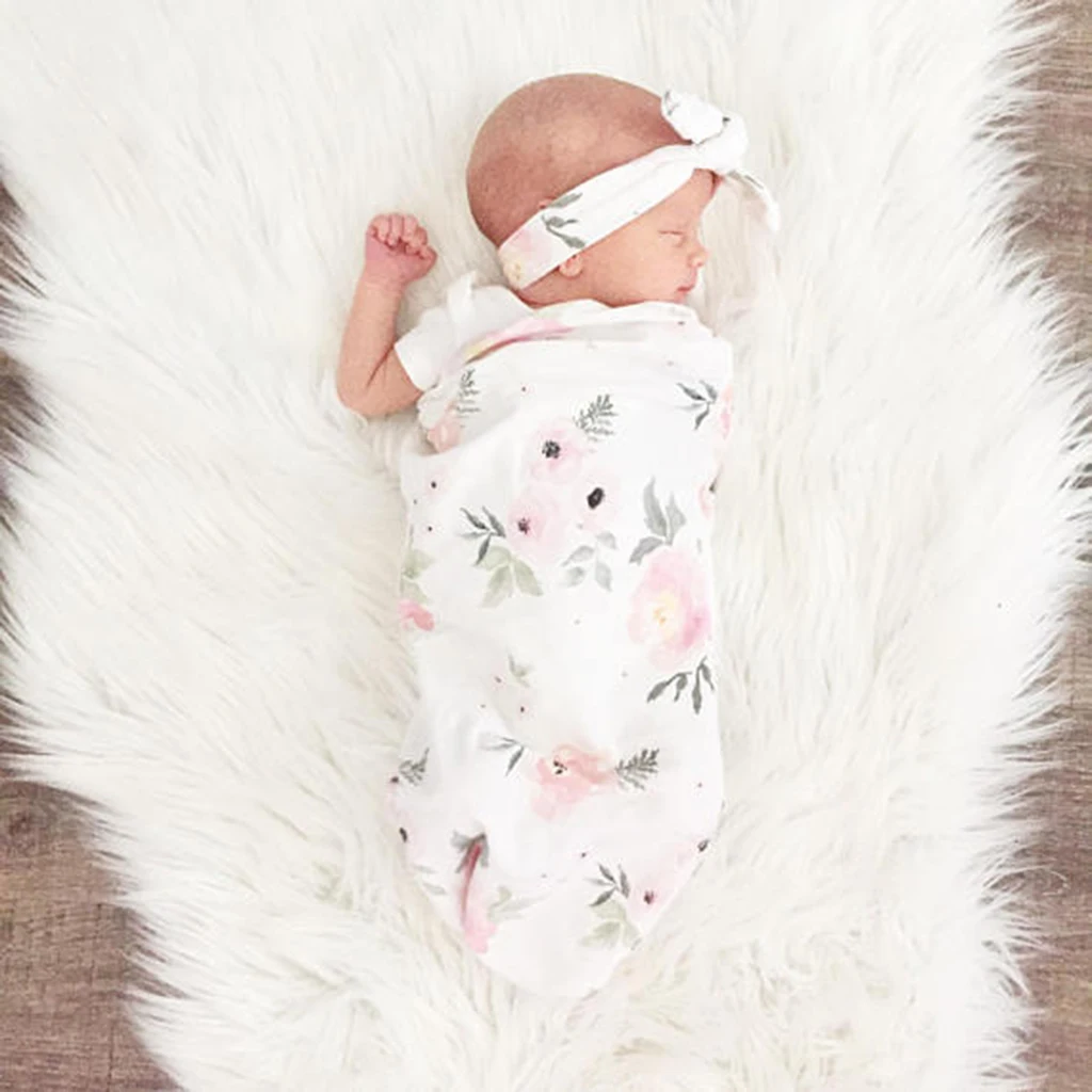 

1Set Baby Infant Newborn Floral Printed Swaddle Wrap Blanket Sleeping Bag Headband for Photography Shoots Baby Shower Gift