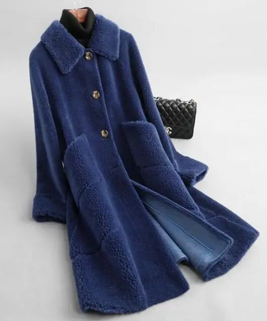 dark-blue ZiZhen Натуральная Овечья шерсть с отложным воротником однотонное длинное пальто весна осень Новая женская 190606-6,59327 - Цвет: dark-blue