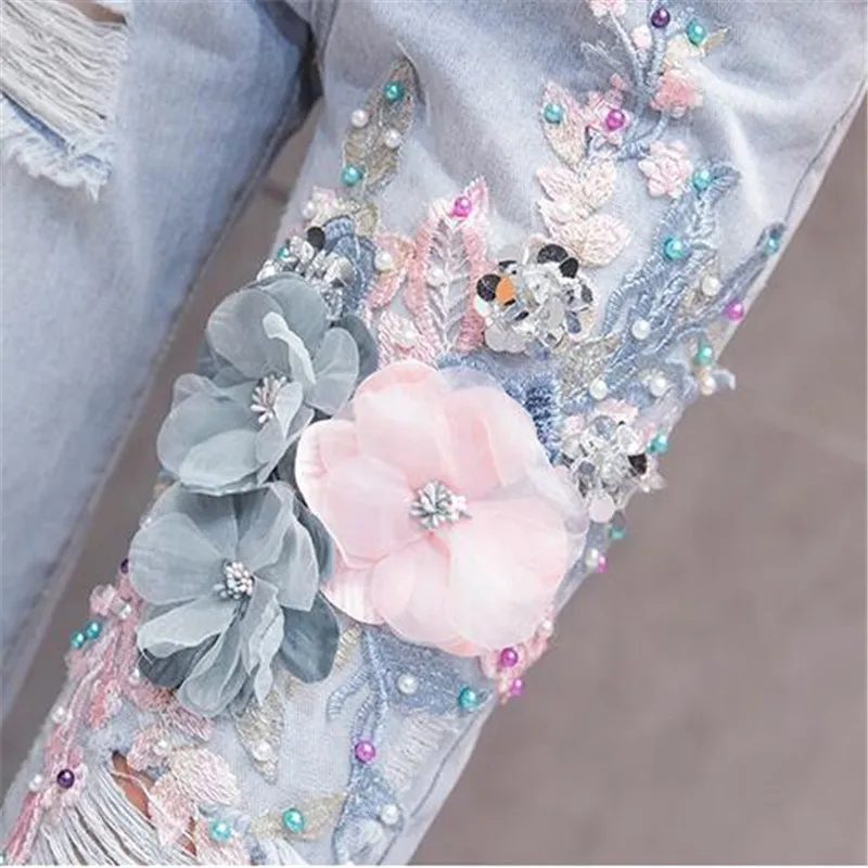 Вышивка Трехмерная Цветочная Блестками Отверстие Джинсовые Карандаш Брюки