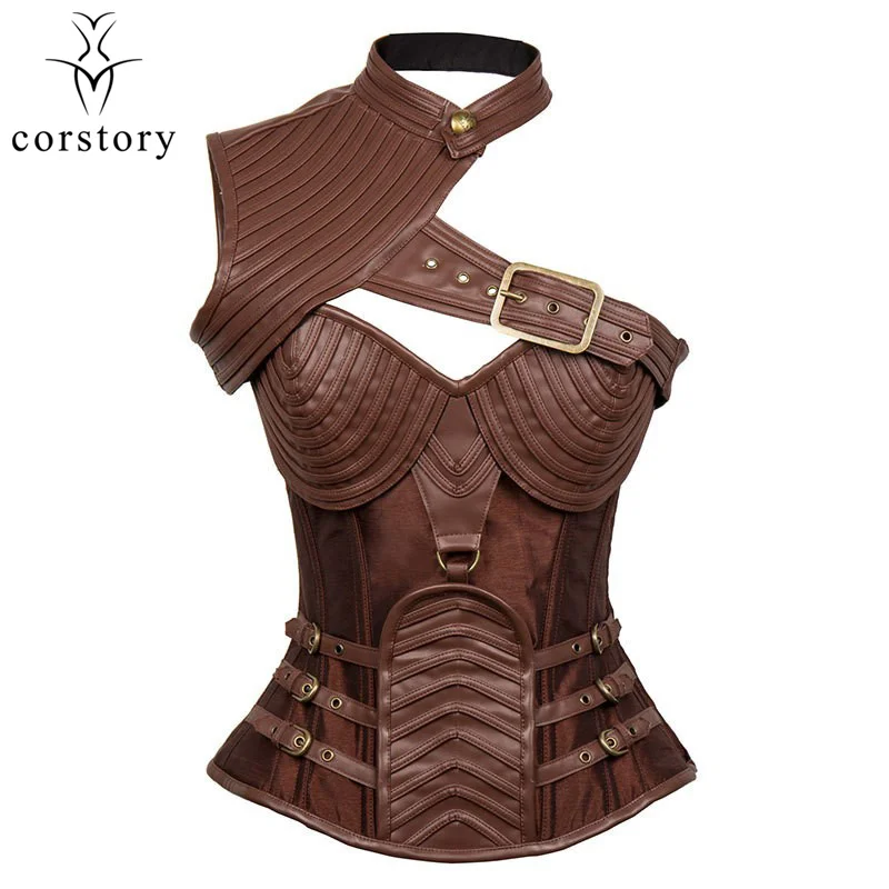 

Brown Leather Armor Overbust Corset Sexy Bustier Top Steampunk Steel Boned Waist Trainers Gothic Korsett For Women Plus Size 6XL