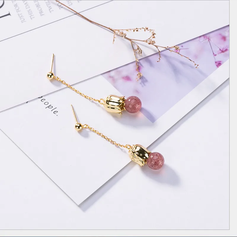 Серьги женские из серебра 925 пробы с натуральным розовым клубничным кварцем |