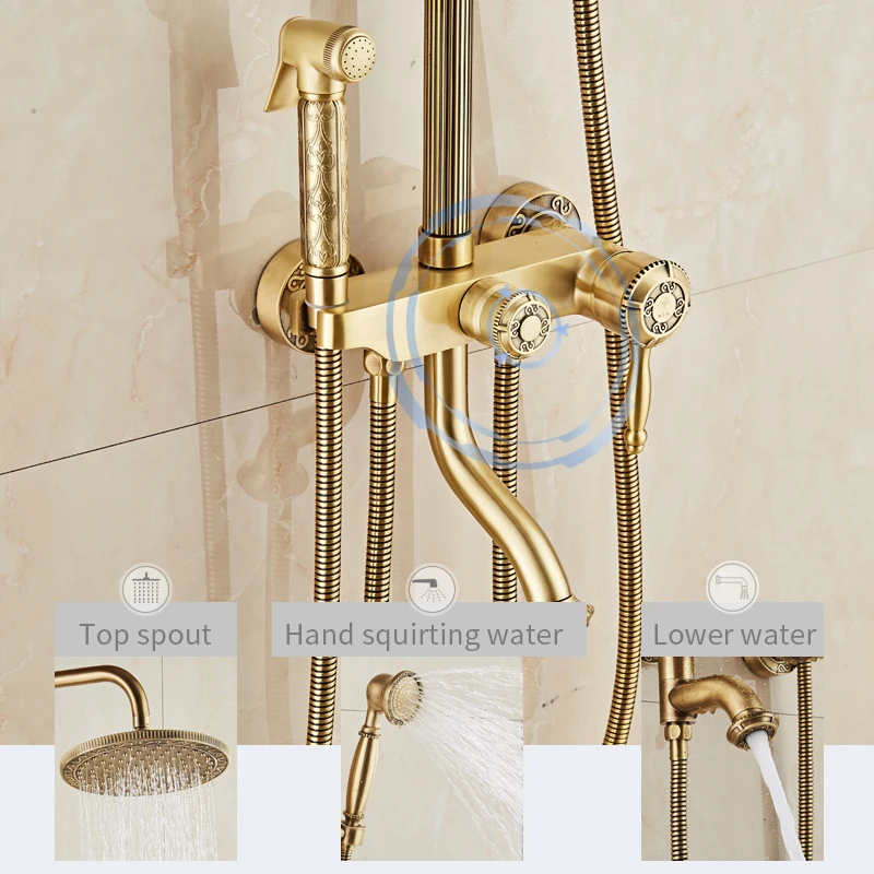 GEYO Ванная комната Латунь Антикварное настенное крепление Душевой набор Смеситель с двумя ручками с ручным душем + полка с смесителем.