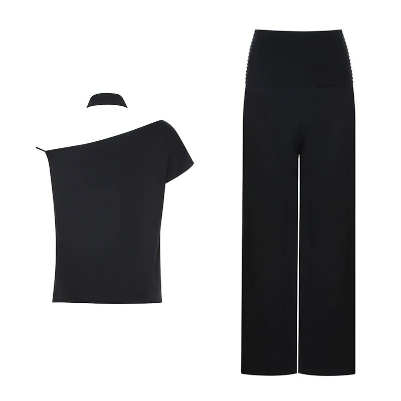 

Max Spri 2019 New Fashion Women Asymmetrical Top With Tie Ruched Loose Pants Satin Stylish For Office Lady 2 Piece Sets Black