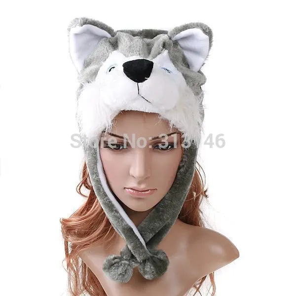 Gray Husky Мягкая Плюшевая пушистая теплая шапочка-бини с рисунками животных из мультфильмов, зимний пушистый маскарадный костюм для взрослых, женщин, мужчин, детей, мальчиков и девочек - Цвет: Gray Husky