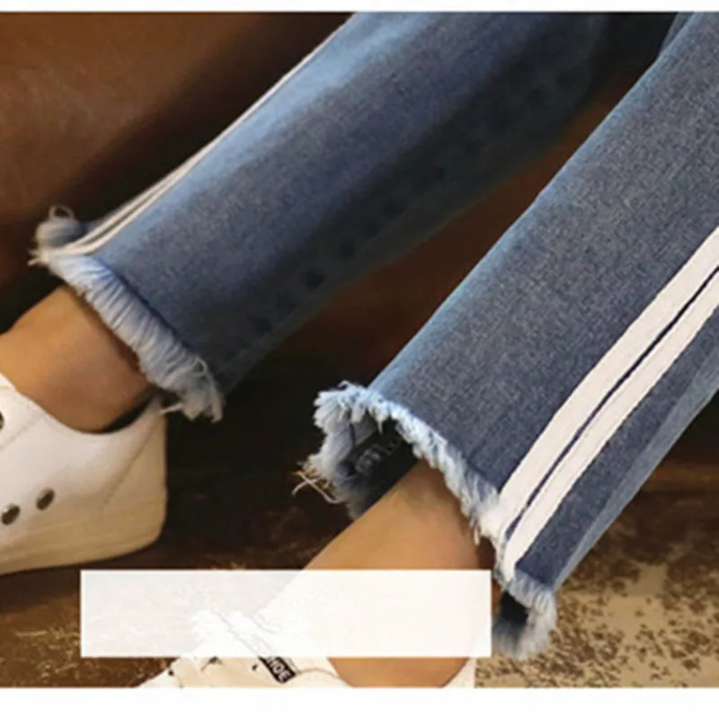 DFXD Teen Girls Jeans Pants 2018 Autumn High Quality Cotton Long Side Stripes Spliced Denim Blue Trousers 3-12Years | Детская одежда и