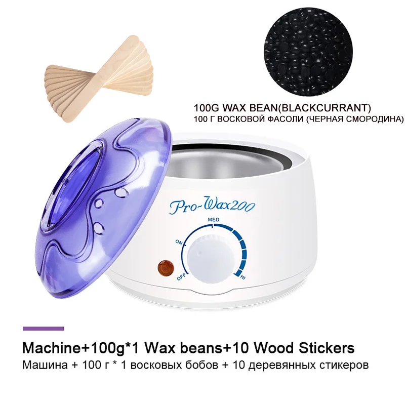 Blackcurrant Электрическая машинка для удаления волос с расплавом воска, нагреватель 100 г, восковые бобы, 10 шт., деревянные наклейки, эпилятор для удаления волос, набор для восковой эпиляции, cera depilatori - Цвет: Blackcurrant