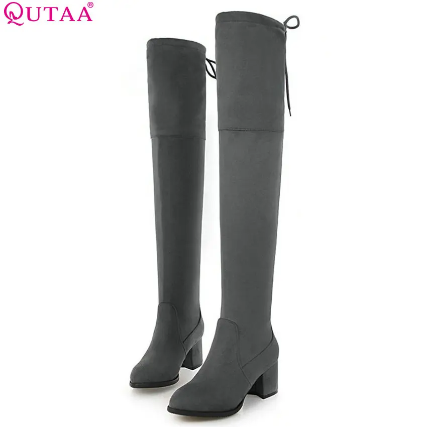 QUTAA/женские высокие сапоги до колена зимние из флока на платформе с высоким