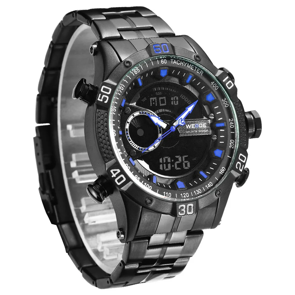 WEIDE Модные и повседневные роскошные часы спортивные мужские цифровые из нержавеющей стали Кварцевые ЖК-аналоговые водонепроницаемые часы с будильником