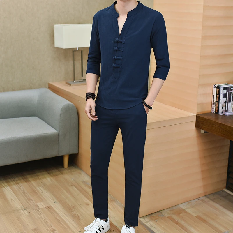 Men's Pajamas Three Quarter sleeve Sleepwear Cotton Linen Trousers Pyjamas Mens Pajamas Set 4XL 5XL