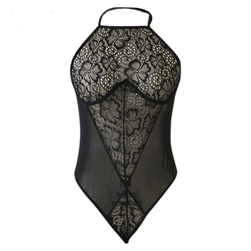 Женское пикантное черное белье кружевное Бандажное Сетчатое боди Chemise Halter Teddy Nightie женское Связывание мужское сексуальное платье - Цвет: Черный