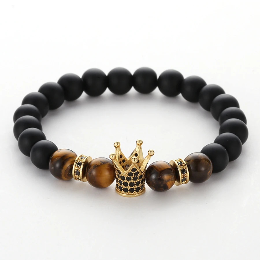 

HOBBORN Trendy Men Natural Stone Bracelet 8mm Matte Black Onyx Tiger Eye Beads Strand Crystal Crown Women Meditation Bracelets